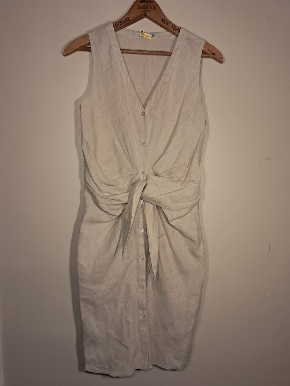 J. McLaughlin Sleeveless Cream Tie-Front Button Down Linen Blend Dress